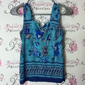 RAFAEL Blue Sleeveless Bustier Tank Top ruffle fabric floral flowers stretchy